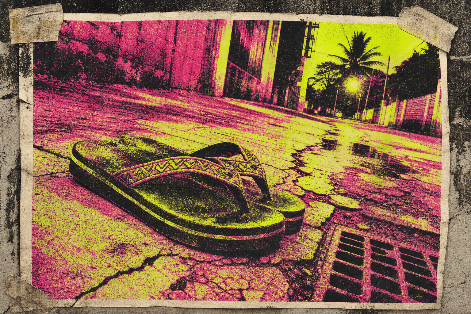 Riso-printed flyer of a hard-soled flip-flop on cracked wet concrete beside a drain