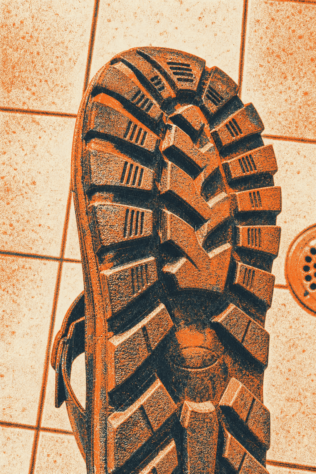 Riso print close-up of a deep lugged sandal tread against a tiled floor